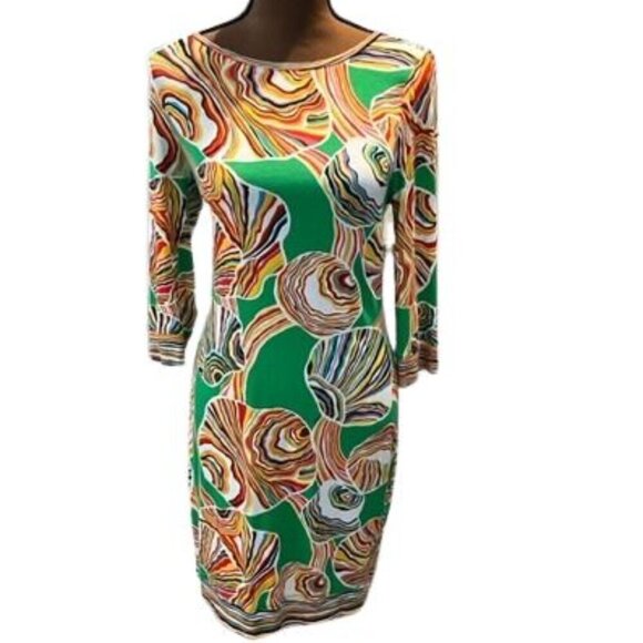 Trina Turk Casual Shift Dress in Green with Psychedelic Shells – Size 4 - Picture 1 of 8